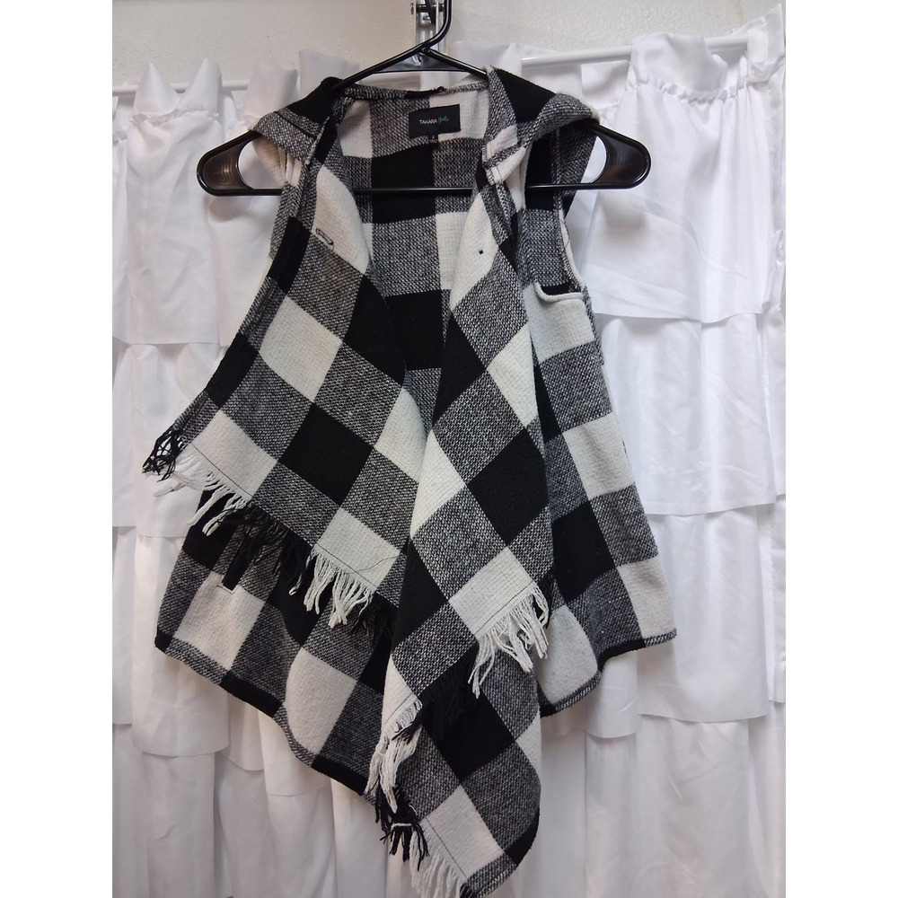Takara Girls Buffalo Plaid Hooded Vest Black White Fringe AsymmetricalSmall 1624